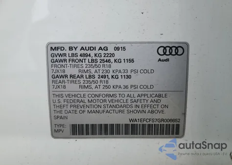 2016 Audi Q3 Premium Plus из США, поврежденный, VIN WA1EFCFS7GR006652